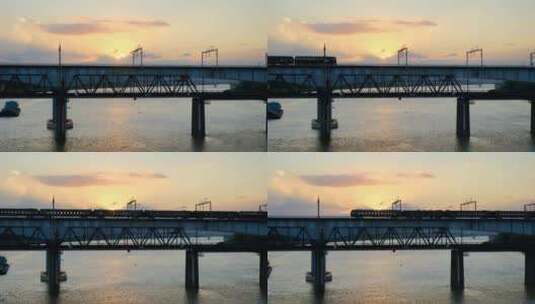 傍晚夕阳大桥火车过桥内燃机车绿皮车高清在线视频素材下载