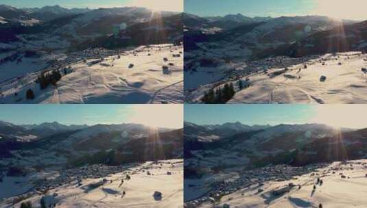 屋顶被雪覆盖的城镇鸟瞰图。冬天瑞士的村庄有很多雪。拉高清在线视频素材下载