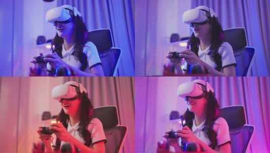 亚洲年轻的电子竞技女玩家使用科技VR眼镜玩游戏。高清在线视频素材下载
