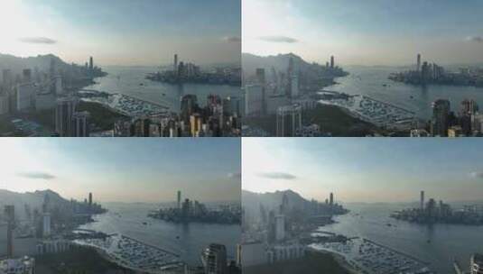 香港大景航拍维多利亚港太平山日落海湾风光高清在线视频素材下载