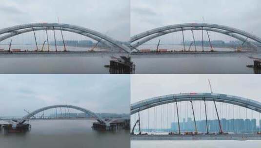 城市桥梁建设大型机械作业施工航拍高清在线视频素材下载