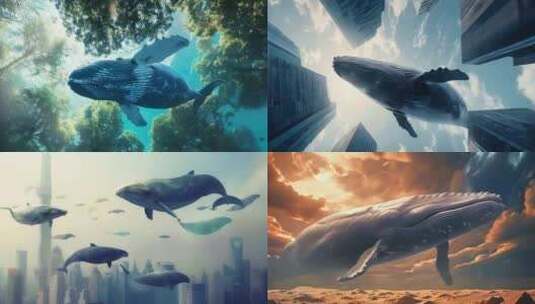 鲲/鲸鱼在城市中遨游畅想镜头组集合高清在线视频素材下载