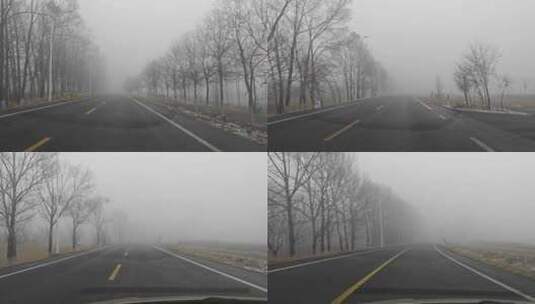 大雾天气公路村屯省道开车第一视角4K高清在线视频素材下载
