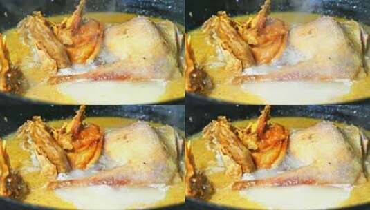 中餐家常菜烹饪铁锅炖鸡鸡汤热气美食高清在线视频素材下载