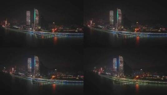 福建厦门海峡世贸双子塔大厦夜景高空航拍高清在线视频素材下载