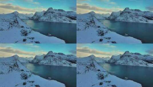 挪威罗弗敦群岛北极圈雷纳冬季雪景高空航拍高清在线视频素材下载