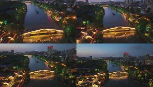 杭州大运河拱宸桥夜景航拍高清在线视频素材下载