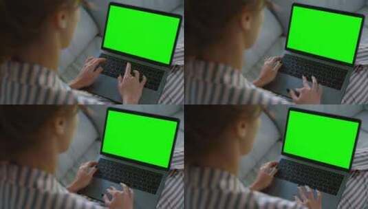 绿屏，笔记本电脑，女人，睡衣高清在线视频素材下载