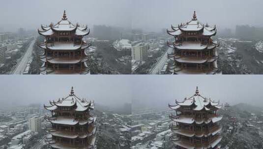 武汉武昌区黄鹤楼雪景航拍高清在线视频素材下载