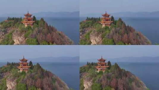 云南江川抚仙湖孤山风景区航拍自然风光高清在线视频素材下载