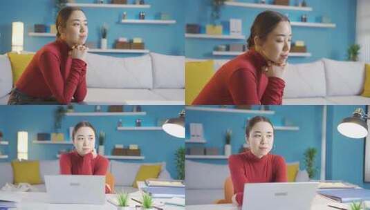 室内沙发上沉思的红衣女子高清在线视频素材下载