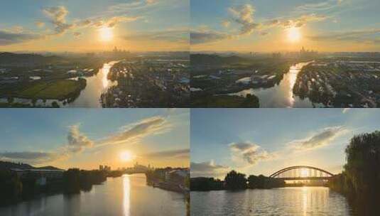 4K夕阳下的浙东大运河杭甬运河航拍高清在线视频素材下载