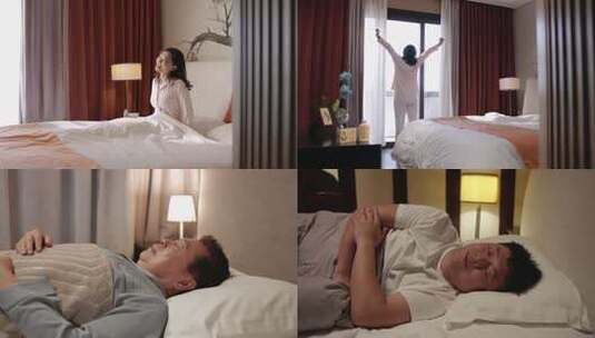 清晨卧室伸懒腰的女人夫妻卧室日常晨起高清在线视频素材下载