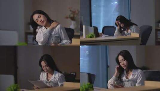 女性工作加班疲惫熬夜高清在线视频素材下载