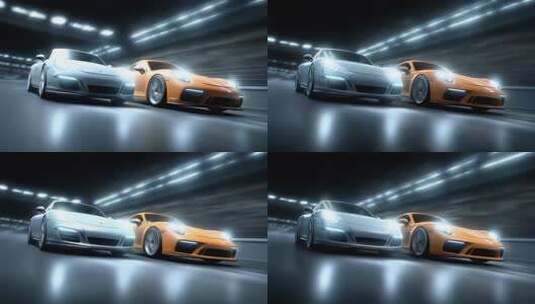 双跑车疾驰隧道内象征速度与激情高清在线视频素材下载