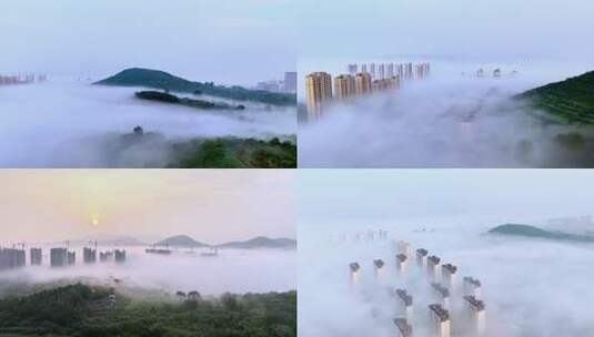 抖音：航拍枣庄新城体育场云雾缭绕的山峦高清在线视频素材下载