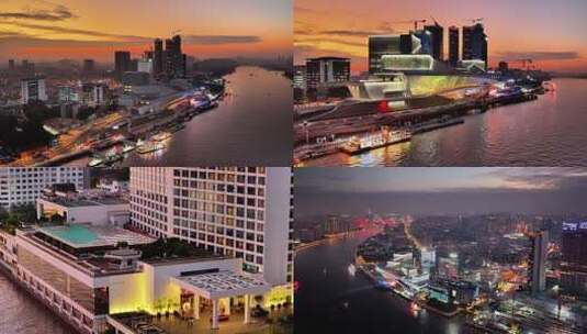 广州荔湾白鹅潭城市江景日落航拍高清在线视频素材下载