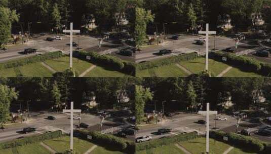 十字路口拐角处的道路车辆和树木高清在线视频素材下载