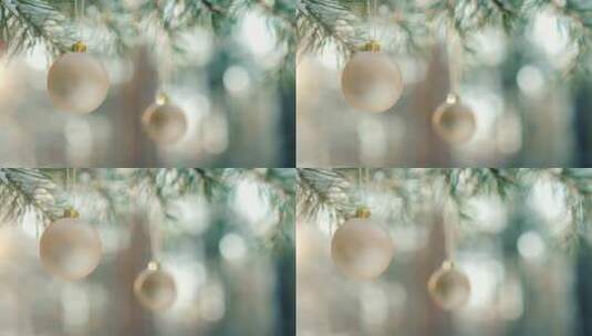圣诞球挂在新年树的绿色树枝上高清在线视频素材下载