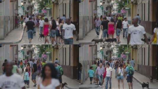 人们走在古巴哈瓦那的鹅卵石街道上高清在线视频素材下载