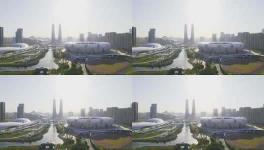 航拍杭州奥体新城现代地标性建筑高清在线视频素材下载