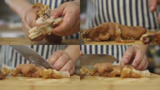 【镜头合集】厨师刀工给猪蹄剔骨全过程高清在线视频素材下载
