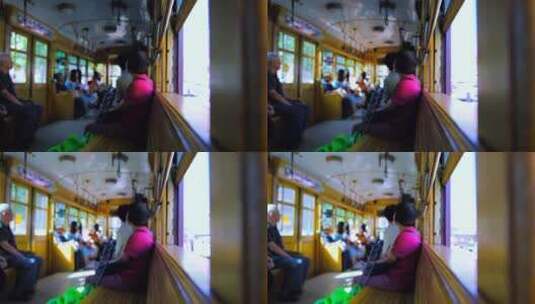 辽宁大连老式有轨电车公交车厢内部座椅高清在线视频素材下载