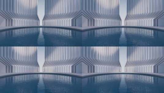 白色几何体建筑和水面空间3D渲染高清在线视频素材下载