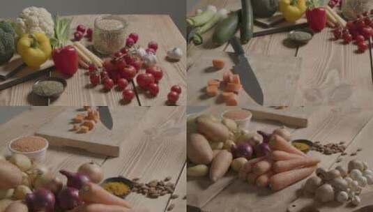 跟踪镜头越过带有蔬菜的仿古木桌高清在线视频素材下载