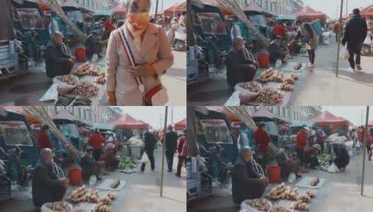 云南乡村赶集路边买卖蔬菜老年人高清在线视频素材下载