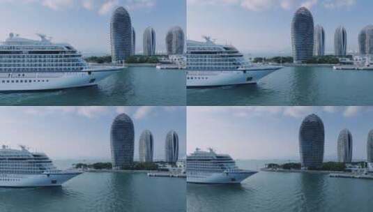 海南三亚凤凰岛游轮航拍高清在线视频素材下载