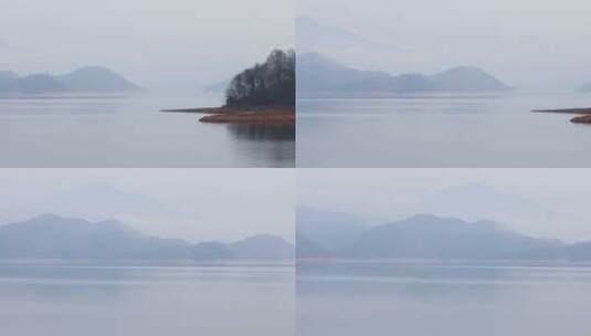 安徽太平湖清晨晨雾渔船空镜高清在线视频素材下载
