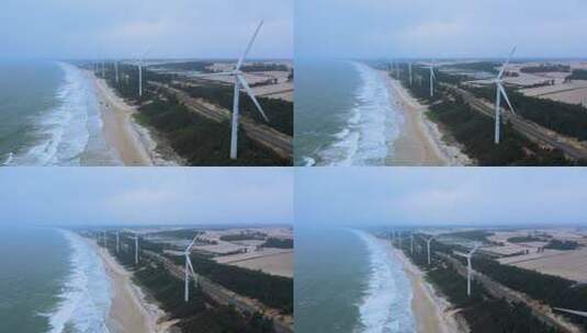 海南省文昌市木兰湾航拍风景与海边风车高清在线视频素材下载