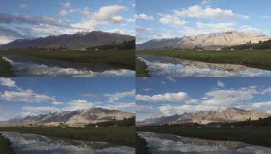 喀什塔县金草滩雪山倒影高清在线视频素材下载