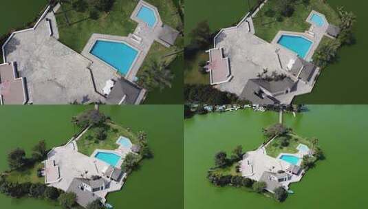无人机拍摄了秘鲁利马市一座有游泳池和棕榈树的湖中央的房子高清在线视频素材下载