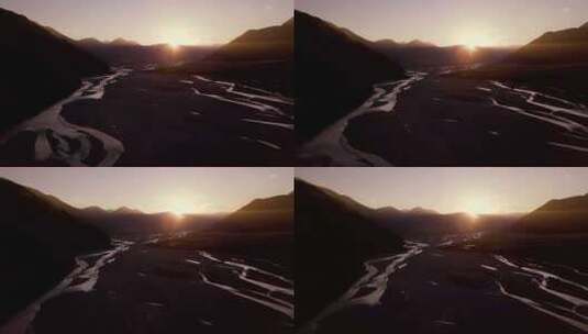 夕阳下的河流和山川高清在线视频素材下载