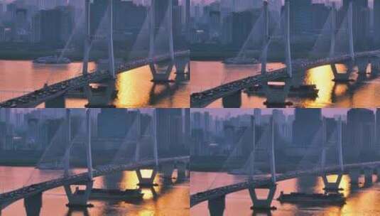 武汉长江二桥 英雄城 轮船日落高清在线视频素材下载