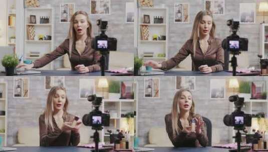 美丽的美丽Vlogger拍摄化妆教程产品高清在线视频素材下载