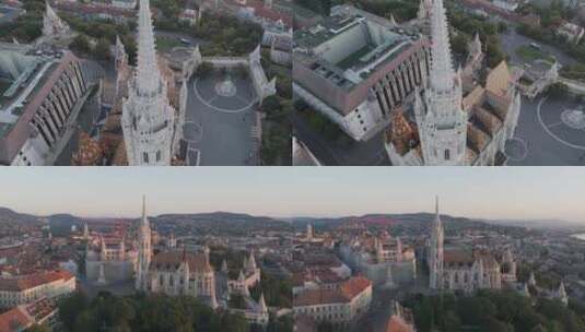 航拍匈牙利布达佩斯马蒂亚斯教堂多瑙河日出高清在线视频素材下载