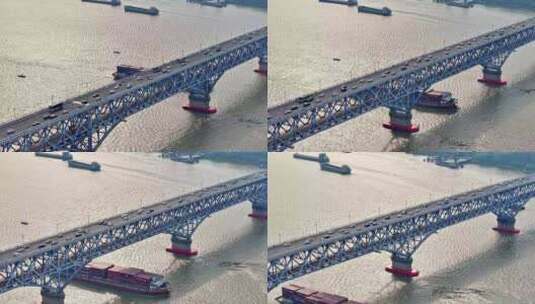4k航拍南京长江大桥车流铁路长江轮船运输高清在线视频素材下载