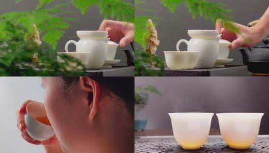 茶道茶艺 白瓷茶杯倒茶分茶喝茶 文竹熏香高清在线视频素材下载