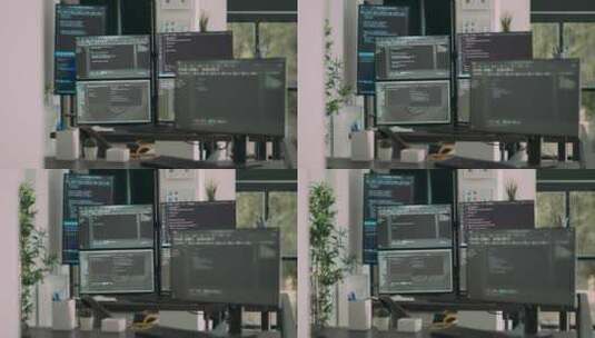 空数据室办公桌上的计算机屏幕显示程序代码和高清在线视频素材下载