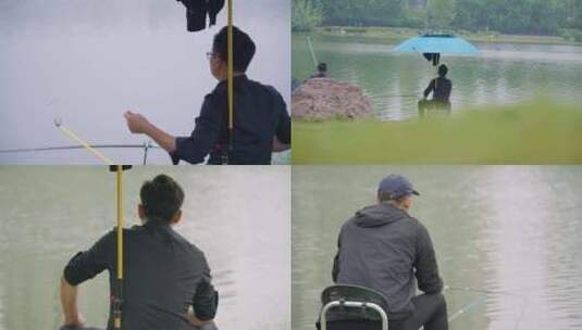 雨中河边湖边钓鱼垂钓野钓饵料男人沉思背影高清在线视频素材下载