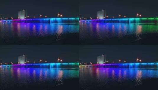 南宁南湖公园南湖大桥瀑布流水夜景灯光秀高清在线视频素材下载