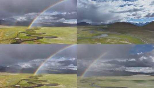 航拍西藏佩枯错草原彩虹自然风光高清在线视频素材下载