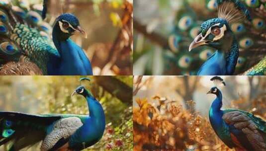 美丽树林中的孔雀开屏绿色特写镜头野生栖息高清在线视频素材下载