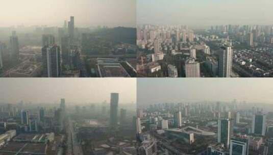 4K航拍雾霾天空下的城市高清在线视频素材下载