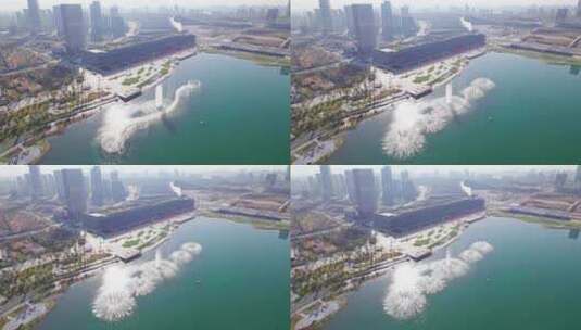成都天府国际会议中心秦皇湖喷泉秀航拍实时高清在线视频素材下载