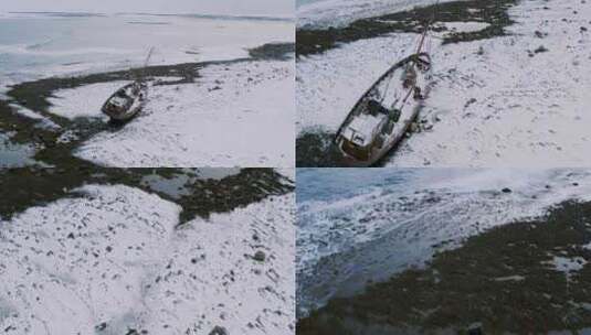 航拍搁浅在冰川雪地里的轮船高清在线视频素材下载