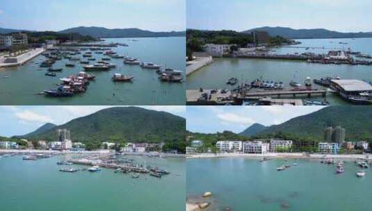 航拍深圳大鹏繁华热闹的东山码头海鲜市场高清在线视频素材下载